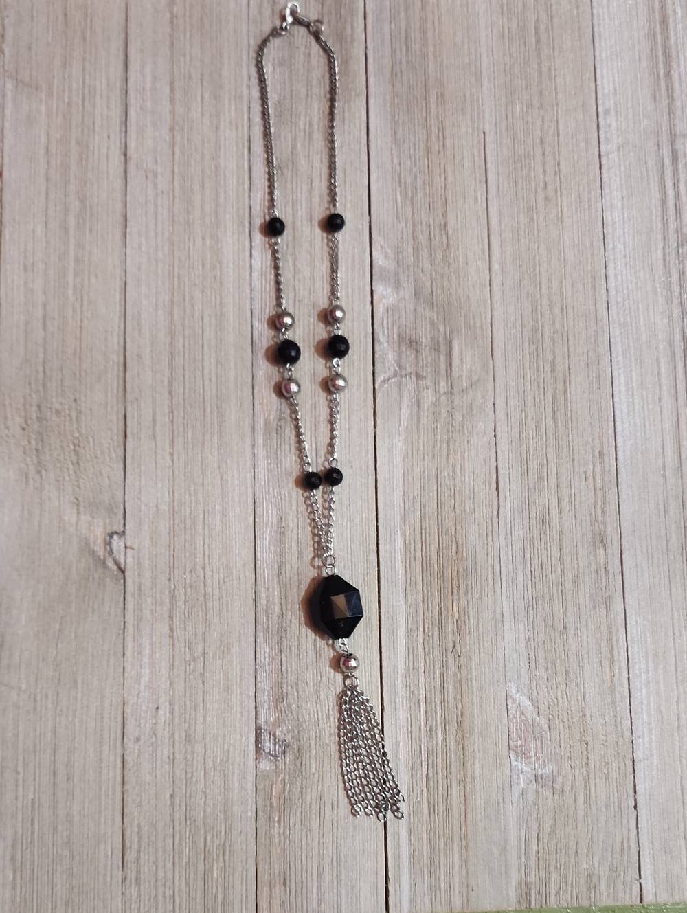 Vintage Art Deco Style Black Bead Tassel Necklace